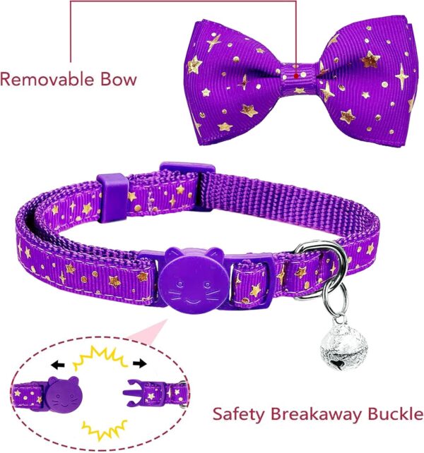 2 Pack Cat Collar with Bow Tie and Bell, Kitty Kitten Starshine Collar Breakaway Collar for Males Females Boys and Girls Cats (Black+purple) - Image 2