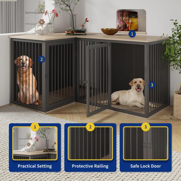 Dog Crate Furniture for 2 Dogs, 80.7" Large Dog Kennel Furniture with Dividers and Double Doors, All Steel Frame Double Dog Crate, 43.3" L X 23.6" W X 31.5" H, 37.4" L X 23.6" W X 31.5" H (Black Gray) - Image 3