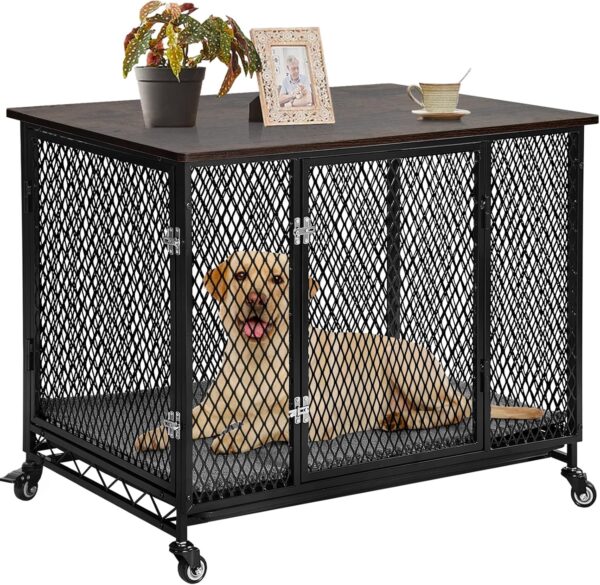 Aivituvin Dog Crate Furniture Movable Side End Table Indoor Dog Kennel for Small Medium Large Dogs Double-Doors Wooden Dog House with Cushion, Tray, Wire Floor(38.6")