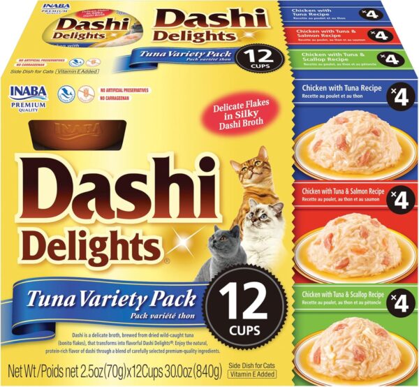 INABA Dashi Delights for Cats, Shredded Chicken with Bonito Flake Broth, 2.5 Ounce Cup, 12 Cups Total, Tuna Variety