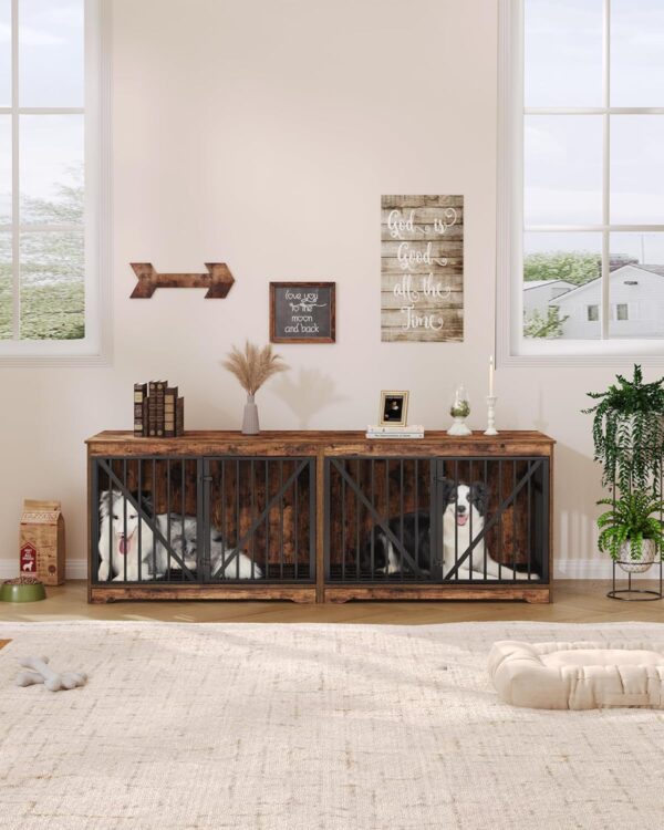 76.4" Dog Crate Furniture with Divider for 2 Dogs, Large Dog Kennel Indoor with Adjustable Door, Tray, Wood Dog Crate End Side Table for Small Medium Large Dog, Anti-Chew Anti-Escape, Brown - Image 5