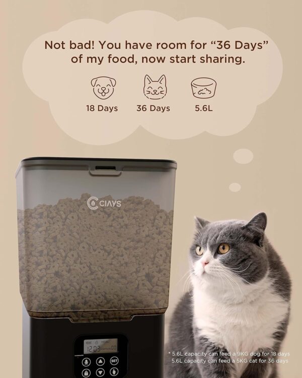 Ciays Automatic Cat Feeder, 5.6L, 4 Meals Per Day, Pet Dry Food Dispenser, Dual Power Supply & Voice Recorder, Black - Image 2