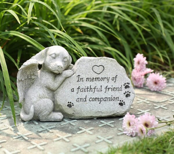 Dog Memorial Stone Statue, Sleeping Dog Angel Figurine Forever in Our Hearts, Dog Grave Markers Outdoor for Deceased Pet, Loss of Dog Memorial Sympathy Gifts Antique Stone Finish 8.86 inch - Image 6