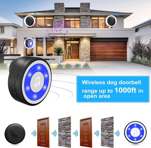 Wireless Dog Doorbell, Dog Bells for Potty Training IP65 Waterproof Touch Button Doggie Doorbell 1000ft Long Range with 20 Melodies 4 Modes LED Flash (1 Receiver+2 Buttons) - Image 5