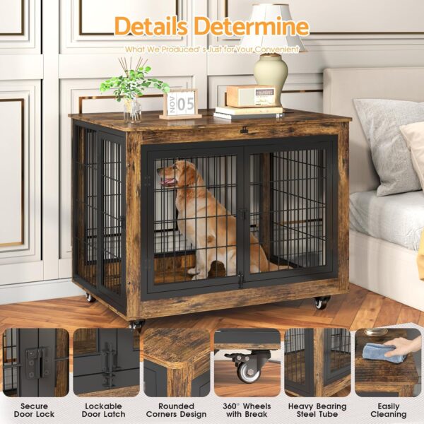 Dog Crate Furniture with Flip-Top, 38 Inch Double Doors Heavy Duty Dog Kennel Indoor with 360° Wheels End Table，Decorative Pet Cage Wooden Dog House for Large/Medium/Small Dog - Image 8