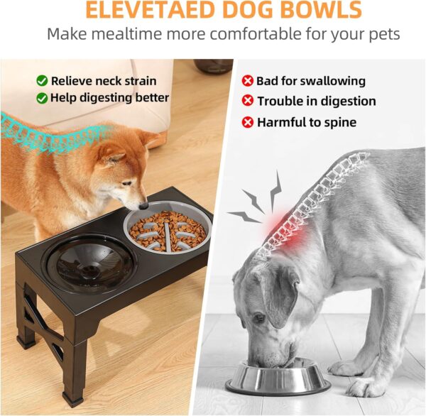 Elevated Dog Bowls of 5 Height Adjustable, Slow Feeder Dog Bowls with No Spill Dog Water Bowl, Non-Slip Food and Water Bowls with Stand for Large Medium Small Dogs, Cats and Pets (Black) - Image 3