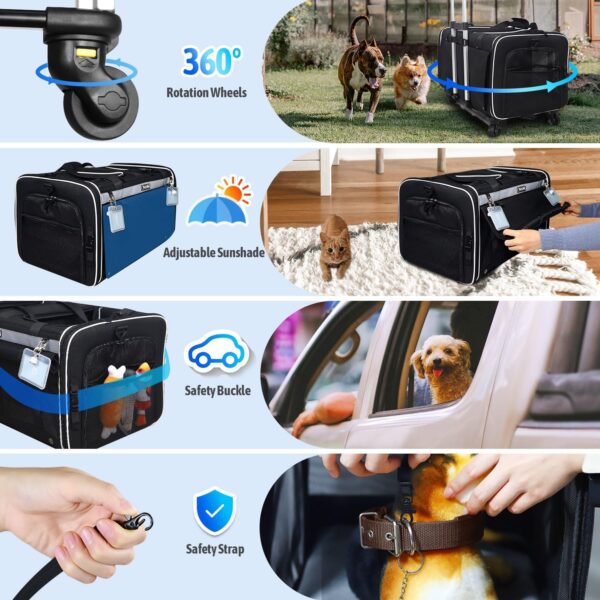 Double Cat Carrier with Wheels for Large Cat or Medium Dog, 23.6"x 15.7"x 13.7" Rolling Pet Carrier for 2 Small Pets, Removable Wheels Dog Carrier with 2 Compartment for Traveling (Dark Black) - Image 6