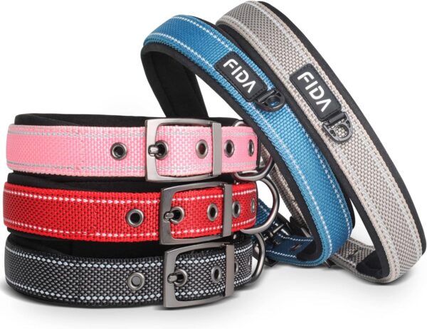 Fida Heavy Duty Dog Collar, Ultra Comfortable Soft Neoprene Padded, Adjustable Reflective Nylon Pet Collar with Durable Metal Belt Buckle for Medium Breeds (M, Red) - Image 2