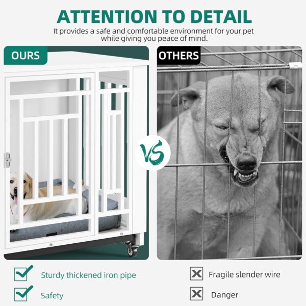 YITAHOME Dog Crate Furniture, 31.9" Heavy Duty Dog Cage, Wooden Side End Table with Wheels, Chew-Resistant Metal Dog Kennel with Removable Tray, Dog House Indoor for Small Medium Dogs, White - Image 5