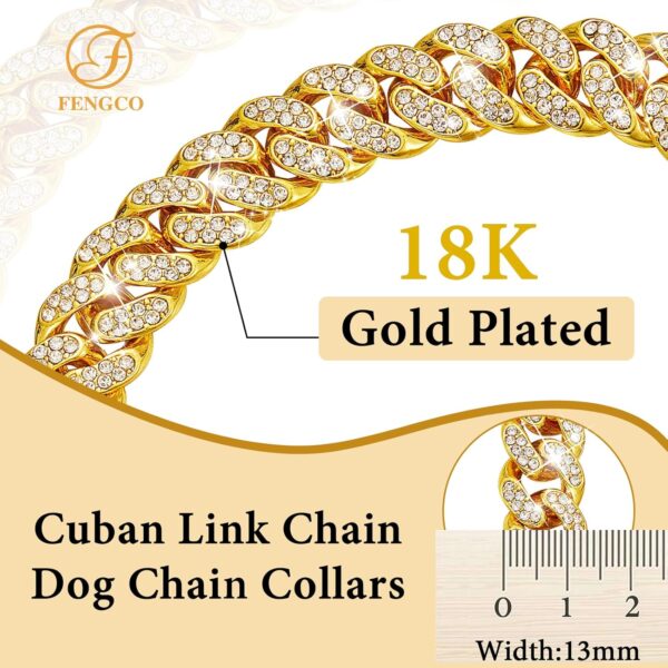 Gold Dog Chain Collar Diamond Cuban Link Dog Collar 13mm Wide Dog Necklace Metal Cat Chain Pet Crystal Collar Jewelry Accessories for Small Medium Large Dogs Cats(12inch) - Image 4