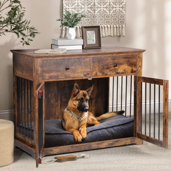 LEMBERI 44 Inch Large Dog Crate Furniture, Wooden Dog Kennel End Table with Storage Drawers, Decorative Pet Crates Dog House Indoor for Dogs