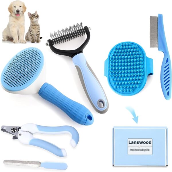 Dog Brush Dog Grooming Kit 6PCS Dog Brush for Shedding-Dog Brushes for Grooming, Dematting Comb for Dogs, Cat & Dog Nail Clipper with Nail File, Flea Comb, Dog Bath Brush-Blue