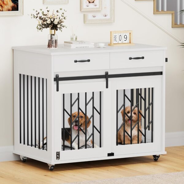 YITAHOME Dog Kennel Furniture for 2 Dogs, 39 inch Double Dog Crate with Storage Drawers, Indoor Wooden Dog House Heavy Duty for 2 Small Medium Dogs, White