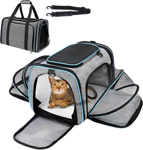 kathson Cat Dog Carrier Airline Approved, 2 Sides Expandable Portable Foldable Soft Sided Pet Travel Carrier, Pet Hand Bag with Removable Pad for Cats/Puppy and Small Animals (Gray with Blue Trim)