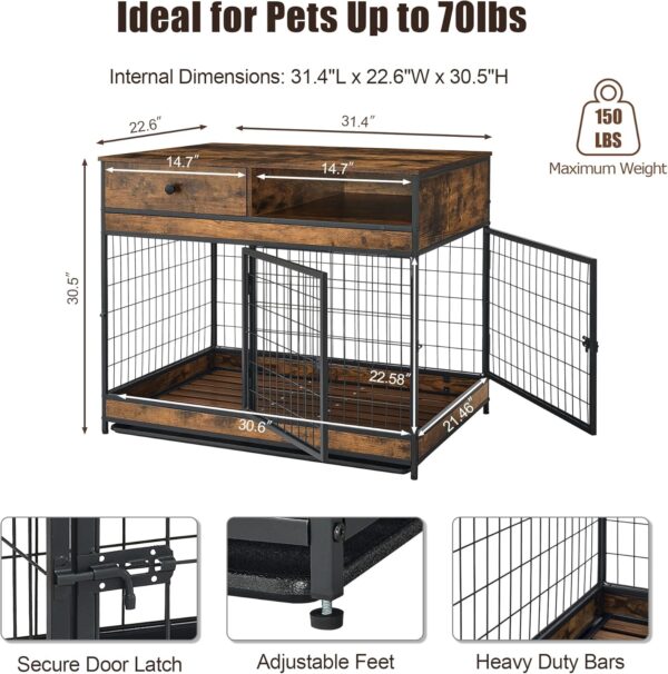 Dog Crate Furniture, 31.5 Inch Dog Kennel with Storage Drawer, Double Doors Heavy Duty Dog Cage with Removable Tray, Indoor Wooden Pet Crate for Small Medium Dogs, Rustic Brown - Image 8