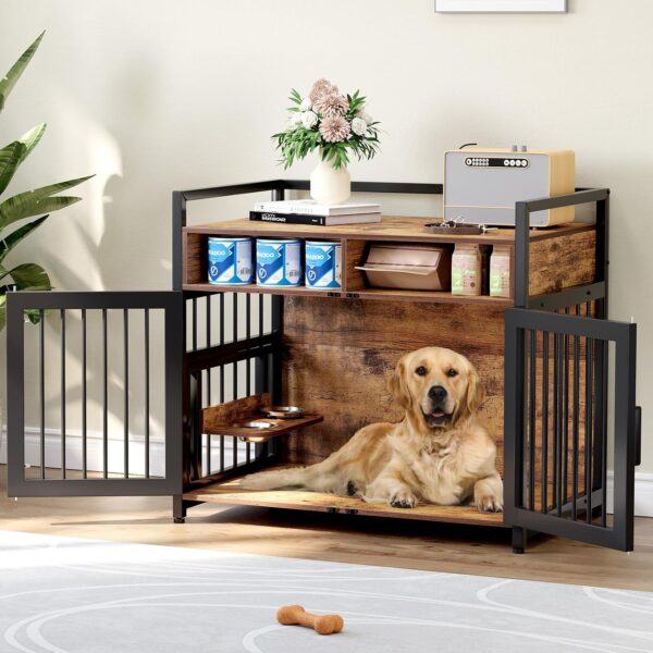 Large Dog Crate Furniture, 41inch Furniture Dog Crate with Drawers Storage, 360°and Adjustable Raised Feeder, Wooden Dog Crate for Large/Medium Dog Indoor brown 41inch - Image 5