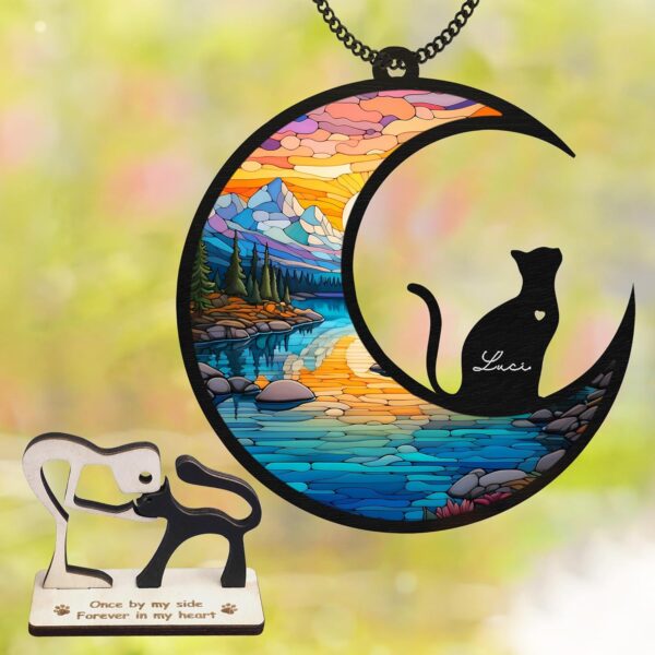 6'' Cat Memorial Suncatcher & Wooden Paw Keychain Personalized Cat Name Ornament Window Hanging Pet of Loss Cat Sympathy Gift for Cat Lovers Car Hanging SCC-B2-6-03