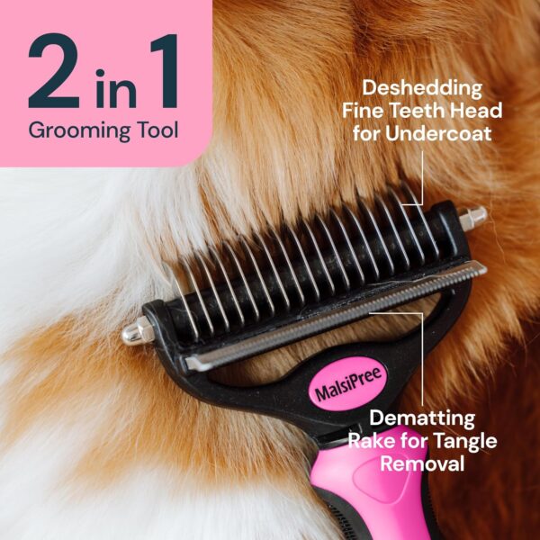 MalsiPree Pet Grooming Brush for Dogs/Cats, 2 in 1 Deshedding Tool & Dematting Undercoat Rake for Mats & Tangles Removing, Reduces Shedding by up to 95%, Great for Short to Long Hair Breeds (L, Pink) - Image 2