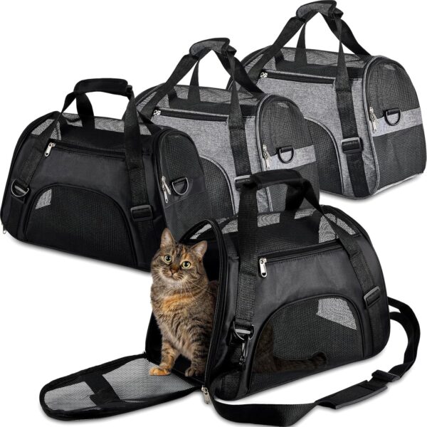 4 Pcs Cat Carrier Soft Pet Carrier for Cat Under 13lbs, 16.9'' x 11'' x 7.5'', Soft Sided Foldable Comfortable and Portable Carrying Bag for Cat, Small Dog Pet Travel(Black, Gray)