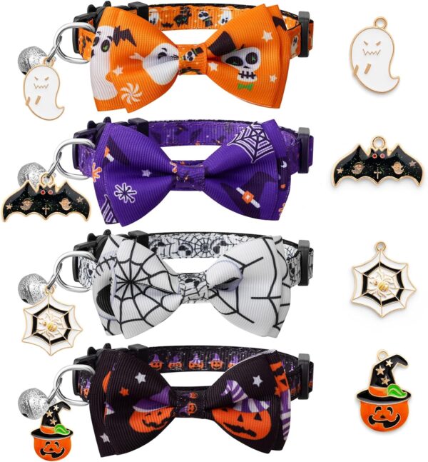 4 Pack Halloween Cat Collar with Bow Tie and Bell,Breakaway Kitten Collar for Girl Boy Cats,Adjustable 7-12inch,for Kitty Kitten Adult Cats,Pet Supplies…