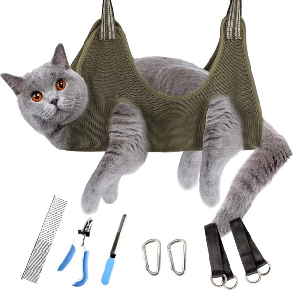 Dog Sling for Nail Trimming - Dog & Cat Grooming Hammock Hanging Harness for Dogs & Cats 4-15 LBS - Pet Nail Clipping Restraint - Nail Clippers, Nail File, & Pet Comb Kit (X-Small)