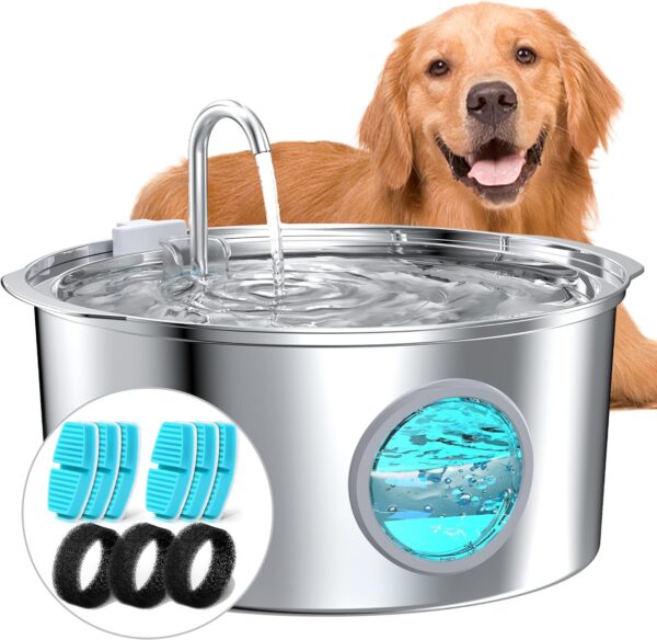 Dog Water Fountain for Large Dogs: Stainless Steel Dog Fountain -1.8Gal/7L Dog Fountain Water Bowl - Dog Fountain - Pet Water Fountain for Dogs - 6 Filters + 3 Sponge Filters - FOFNON