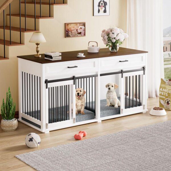 VEIKOU Dog Crate Furniture with 2 Storage Drawers, 2-in-1 Double Dog Kennel Furniture for Large Medium Small Dogs, Wooden Dog House Indoor with Removable Divider, Wide Tabletop for TV Stand, White