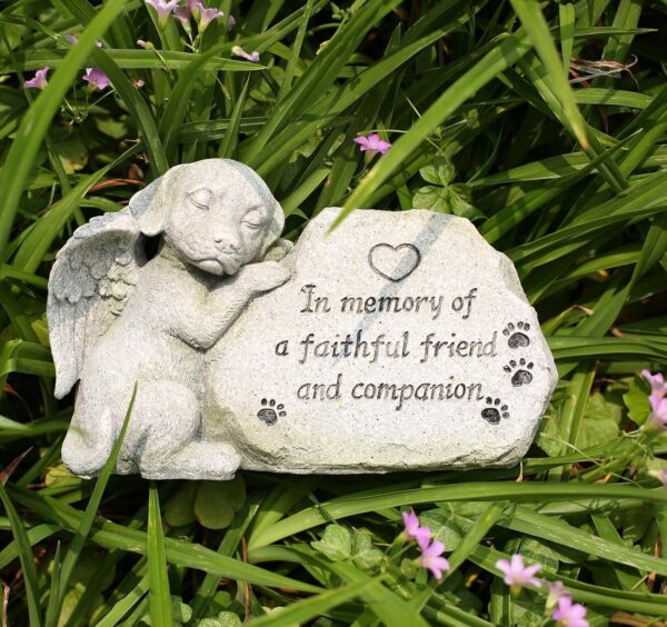 Dog Memorial Stone Statue, Sleeping Dog Angel Figurine Forever in Our Hearts, Dog Grave Markers Outdoor for Deceased Pet, Loss of Dog Memorial Sympathy Gifts Antique Stone Finish 8.86 inch - Image 7