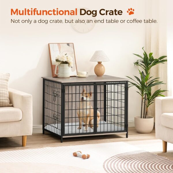 Dog Crate Furniture with Cushion, Wooden Dog Kennel with Double Doors, Heavy Duty Dog Cage for Small/Medium/Large Dogs, Indoor Dog House End Table, 31.5" L, Greige DCHG0701 - Image 2