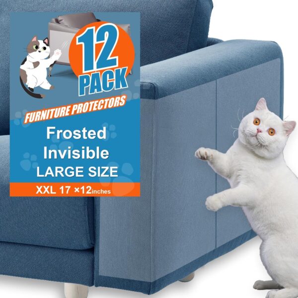 12 Pack Anti Cat Scratch Furniture Protector - Couch Corner Protectors for Cats Tape - Advanced Matte Surface, Large Size 17x12 inch Furniture and Door Protection （with cat toys）