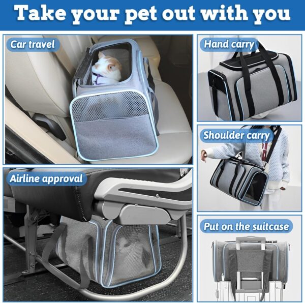 kathson Cat Dog Carrier Airline Approved, 2 Sides Expandable Portable Foldable Soft Sided Pet Travel Carrier, Pet Hand Bag with Removable Pad for Cats/Puppy and Small Animals (Gray with Blue Trim) - Image 4