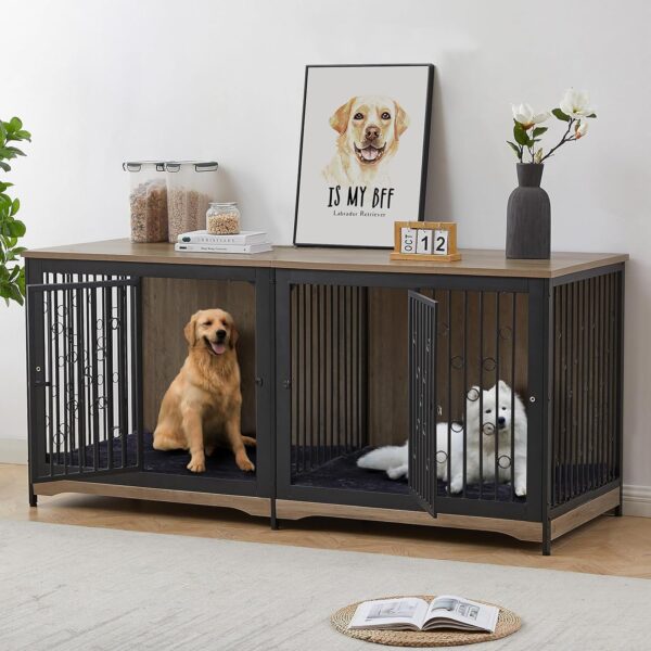 71'' Dog Crate Furniture for 2 Dogs, Wooden Double Dog Crate Large Breed with Cushion, XXL Indoor Dog Kennel TV Stand End Table with Divider for Large Medium Dogs, Grey