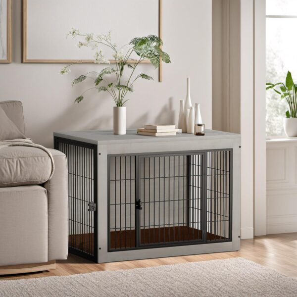 Dog Crate Furinture with Thick Cushion, Side End Table Wooden Dog Cage with Double Doors, Chew-Resistant Dog Kennel Dog House Indoor for Small to Large Dog, L (Grey) - Image 2