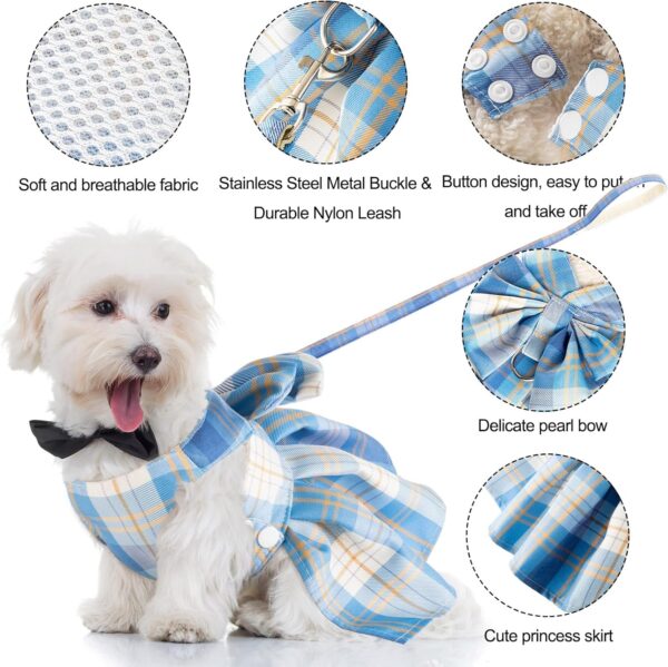 4 Pcs Plaid Dog Dress Bow Tie Harness Leash Set Harness Dress for Small Dogs Cute Dog Pet Girl Puppy Summer Clothes for Female Summer Bunny Rabbit Clothes Yorkie Chihuahua Training Walking (L) - Image 3