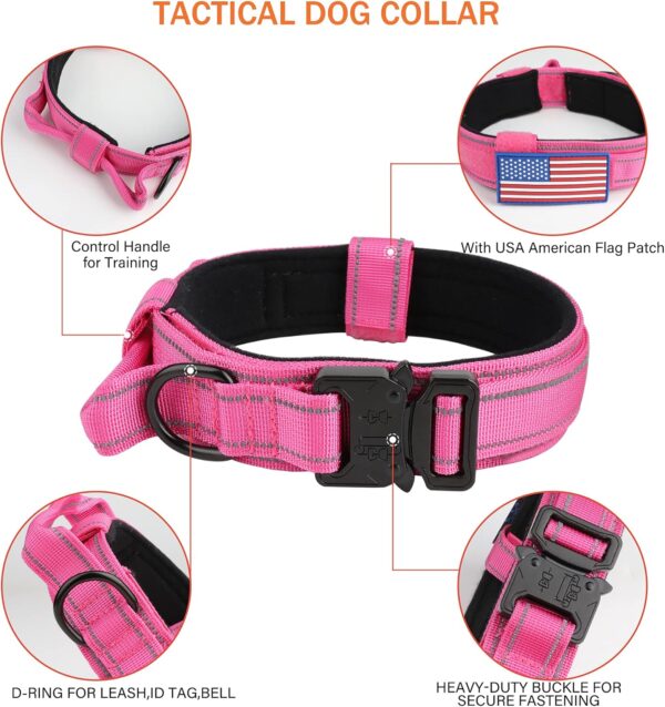 KCUCOP Tactical Dog Collar with Handle,Adjustable Military Dog Collar with Metal Buckle and Patches,Heavy Duty Dog Collars for Medium and Large Dogs (Pink-L-Reflective) - Image 5