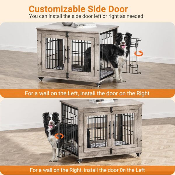 Lulive Dog Crate Furniture, Dog Kennel Indoor Double Doors Wooden Dog Cage, 33'' Heavy Duty Dog Crate with Cushion & Wheels, Decorative End Table Pet House Chew-Resistant for Medium/Small Dog, Grey - Image 3