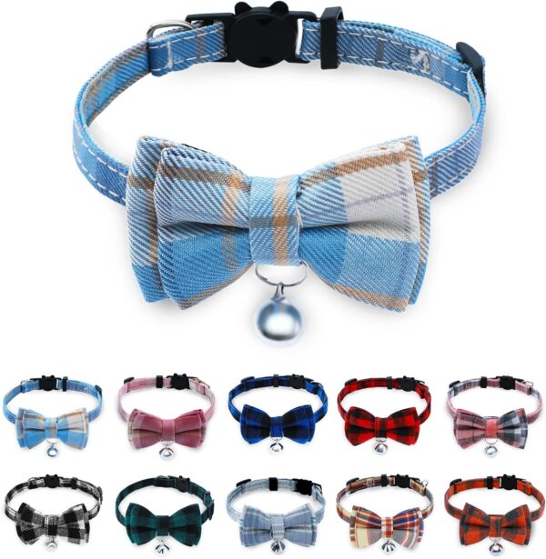 Breakaway Cat Collar with Cute Bow Tie and Bell, BuntyJoy Cat Collars for Girl Cats and Boy Cats, Safety Kitten Collars, Stylish Plaid Patterns, Light Blue, Pack of 1