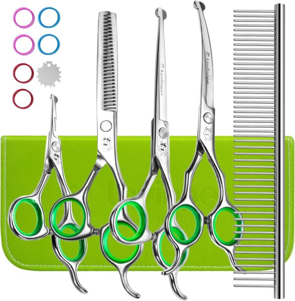 LovinPet Dog Grooming Scissors Set, all Safety Round Tips Professional 6 in 1 Germany Stainless Steel Dog Grooming Scissors Kit,Sharp and Durable Pet Grooming Shears for Dogs Cats for Home and Travel