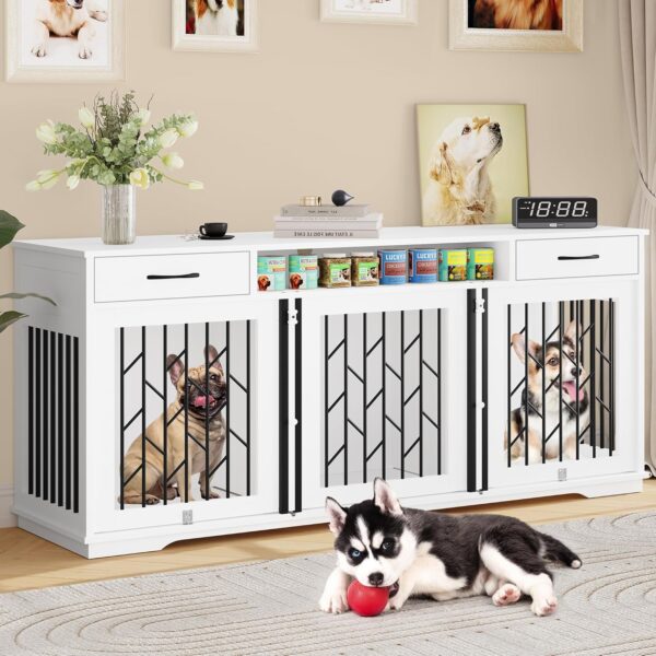 YITAHOME Dog Crate Furniture with 3 Rooms, 70.9" Dog Kennel Indoor with 2 Drawers, Heavy Duty Wooden Dog Crate for 3 Small Medium Dogs, White