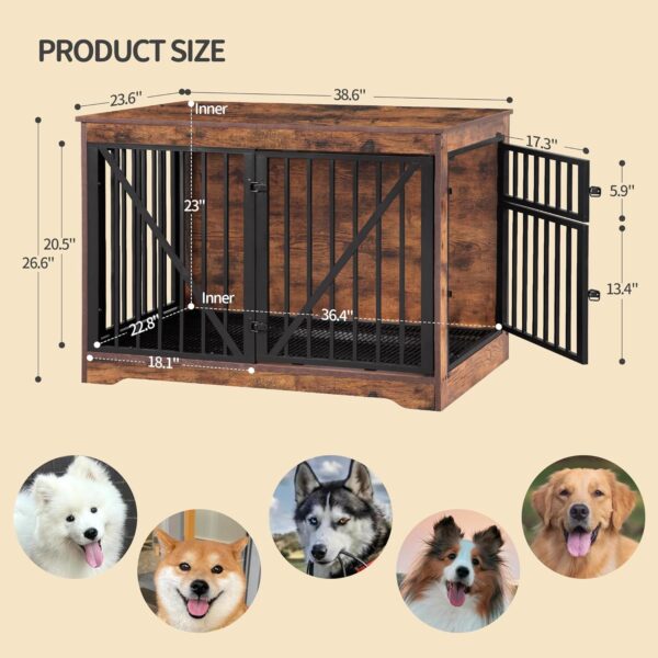 38.6" Dog Crate Furniture, Heavy Duty Dog Kennel Furniture with Adjustable Doors & Tray, Wood Dog Crate End Side Table for Small Medium Large Dog, Anti-Chew Anti-Escape, Rustic Brown - Image 9