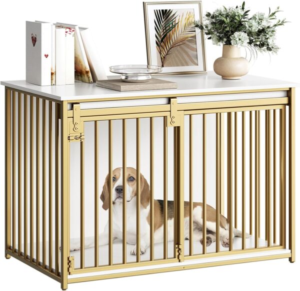 HOOBRO Dog Crate Furniture, 39.4" Heavy Duty Dog Kennel with Sliding Barn Door, Decorative Dog Crate Indoor, End Side Table for Small/Medium Dog, White and Gold DW162GW03