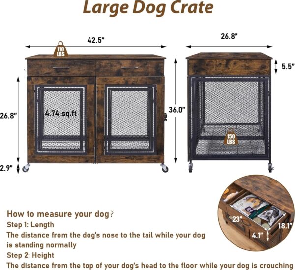 43" Large Dog Crate Furniture, Wood Dog Kennel End Table with Drawers, Decorative Pet Crate with Removable Partitions & Wheels, Dog House Indoor for Large/Medium/Small Dogs - Image 6