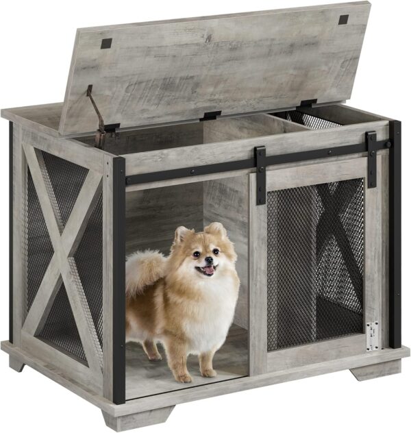 Furniture Style Dog Crate End Table with Sliding Barn Door, Indoor Dog Kennel Furniture with Removable Divider, Flip Top Dog Crate Table, Dog House,Dog Crate Furniture, Grey - Image 5