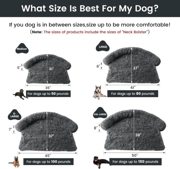 Dog Bed,Calming Dog Beds for Large Dogs Cats,Fluffy Non-Slip 50"x39"x8"Dog Bed Couch Protector with Removable Pet Soft Neck Bolster,Washable Dog Bed Cover with Hidden Zipper（Dark Grey） - Image 2