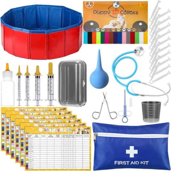 57 Pcs Puppy Kitten Whelping Kit Include Whelping Pen for Dogs, 4 Puppy Feeding Tube, 15 Puppy Whelping Collars, 6 Record Keeping Charts, 15 Cord Clamps and Other Dogs Cats Birthing Supplies