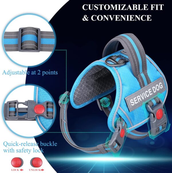 VIVAGLORY Service Dog Vest, No Pull Dog Vest Harness with Padded Handle and Leash Clip, Reflective Breathable Training Pet Vest with Removable Patches, Adjustable Fit for Large Breed Dogs, Blue - Image 7