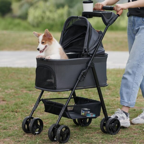 3 in 1 Folding Dog Stroller, Pet Folding Stroller, 4 Wheels Dog/Cat Puppy Stroller w/Removable Travel Carrier for Small/Medium Pet, Waterproof Pad, Car Seat, Sun Shade - Image 8