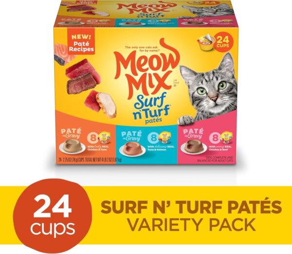 Meow Mix Paté in Gravy Wet Cat Food Variety Pack, Surf n’ Turf Patés 2.75 Ounce (Pack of 24) - Image 2