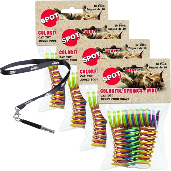 Ethical Pet Spring Cat Toys, Multi-Color Plastic Springs Cat Toy, 10 Counts, Bundle with Pet Training Whistle, Durable, for Kittens & Cats, No Stuffing, Multi-Pet Compatible - [Pack 4]