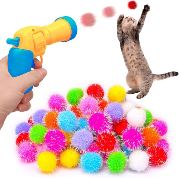 BooTaa Pet Toys, Interactive Cat Toy Set, 80pcs Glitter Pom-Poms Cat Ball Toy with 1 Launcher, Safe Soft Cat Toy Balls for Fetch, Training, Playing